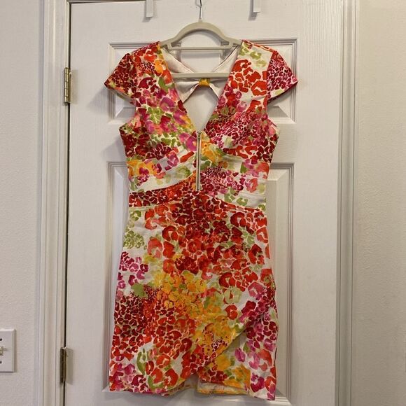 Guess Los Angeles Floral Watercolor Print Zip Front Dress Bow Back Size 8 - Picture 2 of 12